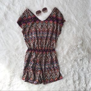 One Clothing brown, pink, navy print romper shorts  v neck